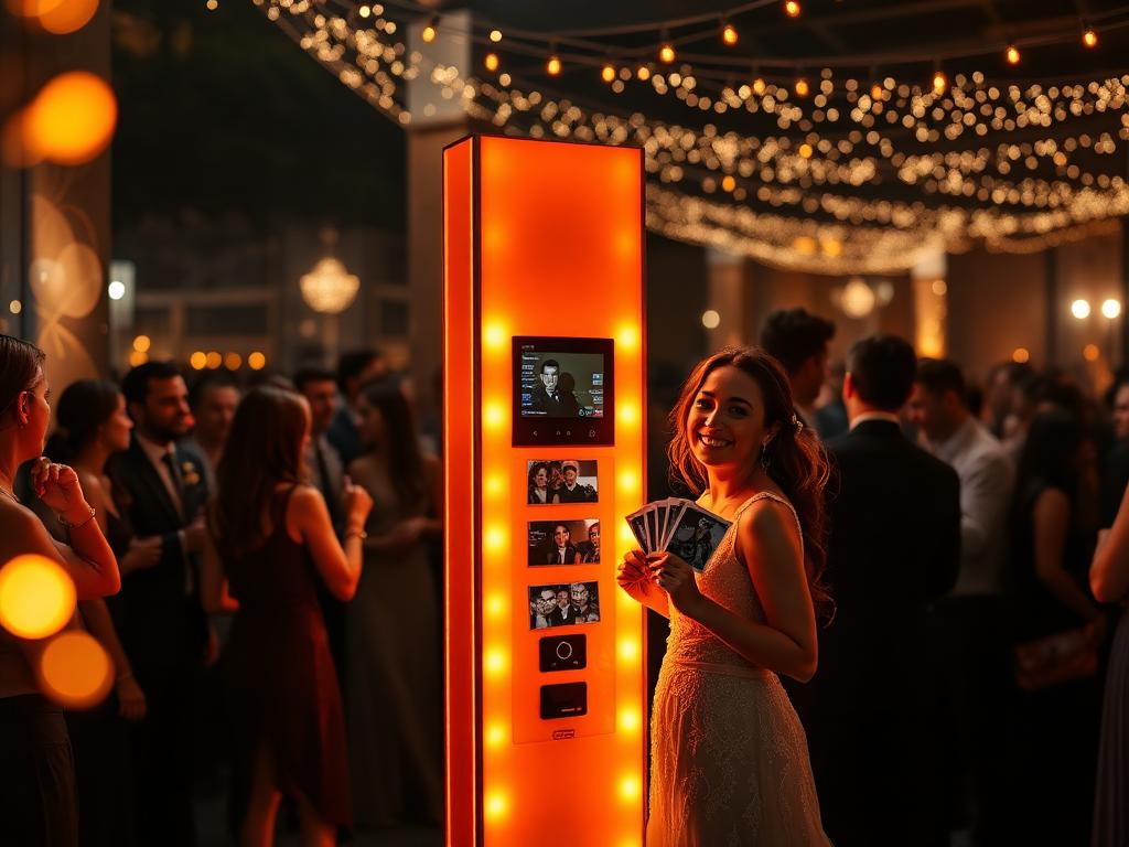 Casamento com totem de fotos da PhotoLab Experience iluminado em laranja